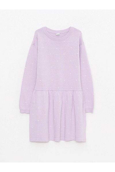 LC Waikiki Lilac Crew Neck Polka Dot Long Sleeve Girl's Knitwear Dress