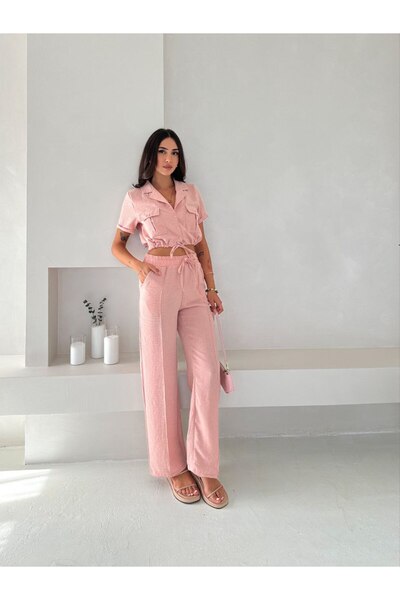 WellWay - Linen Cr0P Shirt Plazo 2-Piece Set - 4154 Pink