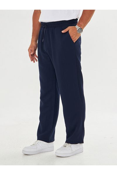 masso moda Men's Baggy Muslin Linen Waist Lace-Up Elastic Straight Leg Trousers