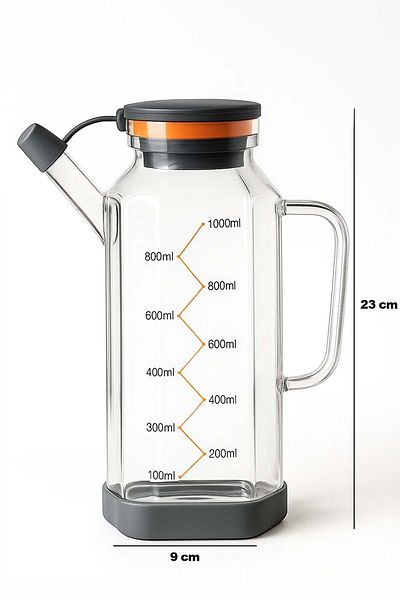 Jenisa Transparent Glass 1000 ml Oil Pot Jug Non-Spill & Non-Slip Silicone Based Oil Pot - Gray
