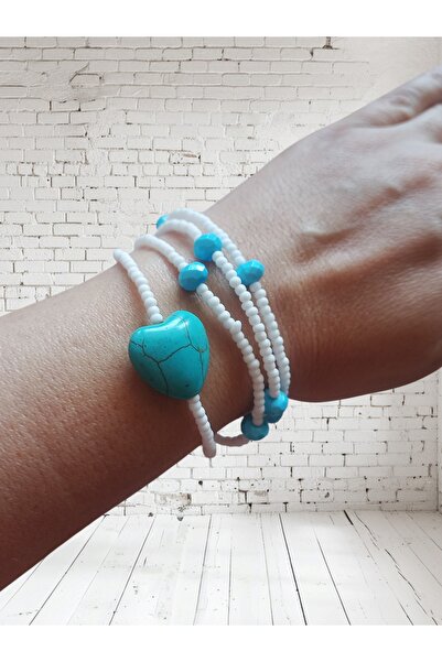 Panowill Design Women's White Sand Beads and Heart Turquoise Stone Bracelet S...