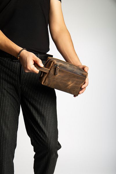 Niki Leather Τσάντα χειρός David Crazy Brown από γνήσιο δέρμα με φερμουάρ