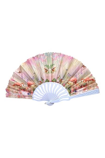 OEM Plastic and Fabric Folding Fan, Flamingo Design, Pastel Colors