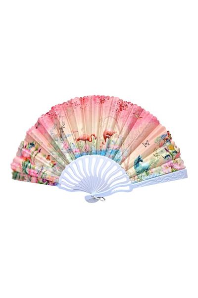 OEM Foldable fan made of plastic and textile, flamingo model, pink