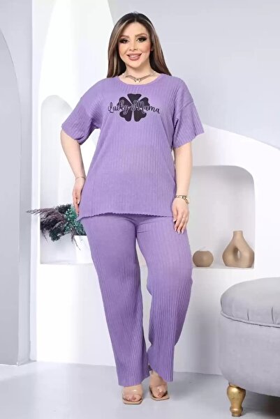 shai Baskılı Büyük Beden Pijama Takımı LİLA