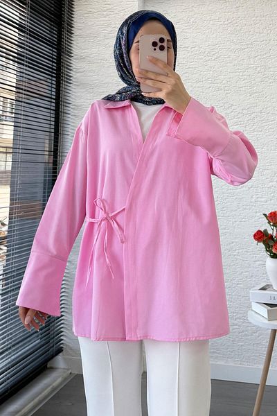 MELEK ARAZ Side Tie Shirt Collar Poplin Kimono -Pink