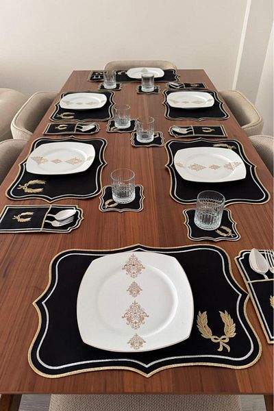Çeyiz Diyarı Let's Eat Linen Embroidered American Service Set 19 Pieces Black