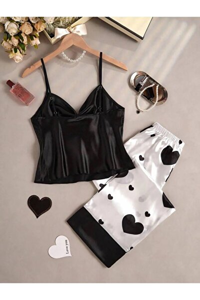 SiaLess Lingerie Kadın Siyah Saten Gecelik Kalp Desenli Askılı Uzun Pantolonlu Gecelik