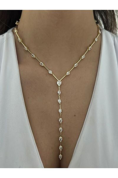 MyladyAccessoriess Steel Y Necklace with Drop Stone Detail