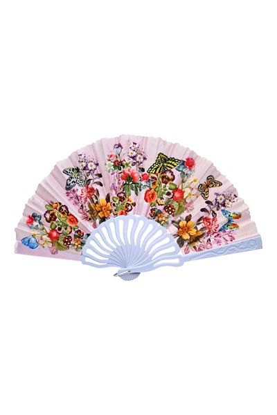 OEM Foldable plastic and textile fan, floral design, pink