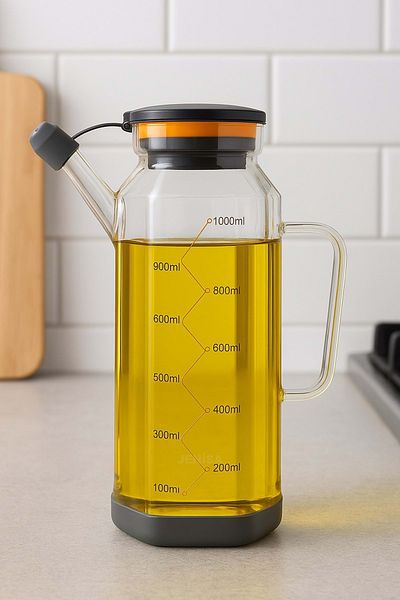 Jenisa Transparent Glass 1000 ml Oil Pot Jug Non-Spill & Non-Slip Silicone Based Oil Pot - Gray