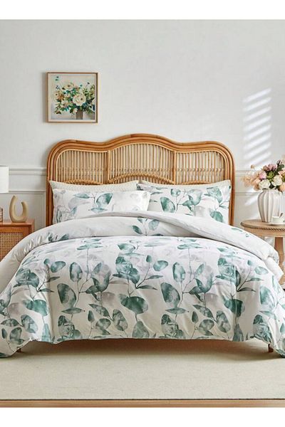 LUNA HOME King size 6 piece bedding set, with green and grey leaves 220x240cm.