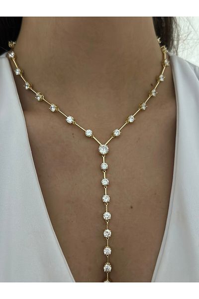 MyladyAccessoriess Row Single Stone Detail Steel Y Necklace