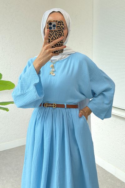 Salih Çelebi Flared Skirt Linen Suit 31287 - Baby Blue