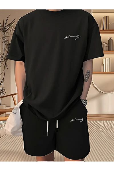 LAND MODA 2D Letter Printed Men's Two-Piece Set: Round Neck Short Sleeve T-Shirt and Lace-Up Shorts Summer Spor