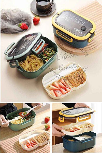 Kitchen Beauty 1200ml 2 Katlı 6 Bölmeli Beslenme Çantası Lunch Box,Saklama Kabı Çatal Kaşıklı Sefer Tası Sızdırmaz