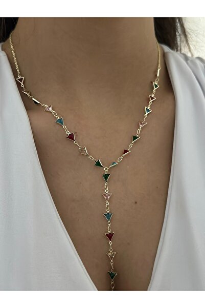 MyladyAccessoriess قلادة على شكل حرف Y من الفولاذ بتفاصيل مثلثة ملونة