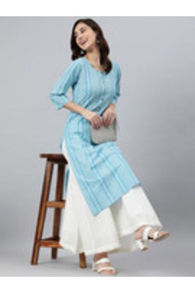 IndHeritage Premium cotton office / casual kurti - Light blue kurti / kurta for women with white ethnic prints