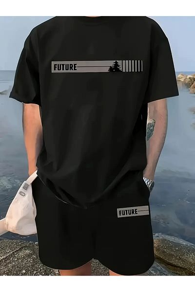 LAND MODA Summer Letter Printed Round Neck Short Sleeve T-Shirt and Shorts Set for Men, Outdoor Sportswear