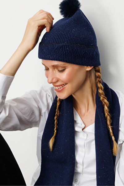 Desen Triko Women's Glittery Jacquard Pompom Wool Hat Y.A Navy Blue
