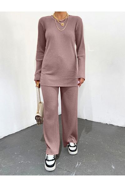 KAZAK Crew neck Ribbed Knit set -light brown