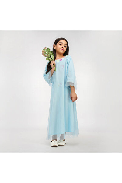 LINELLE جلابية للأطفال - لون أزرق ناعم مع زخارف على شكل قلب، رقبة دائرية مصنو...