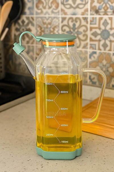 Jenisa Transparent Glass 1000 ml Oil Pot Jug Non-Spill & Non-Slip Silicone Based Oil Pot - Green
