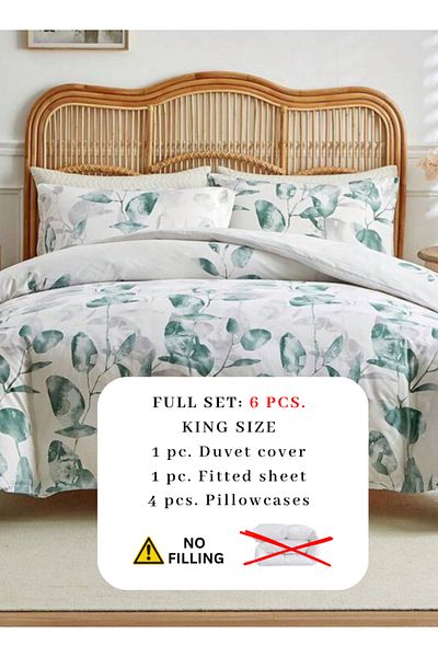 LUNA HOME King size 6 piece bedding set, with green and grey leaves 220x240cm.
