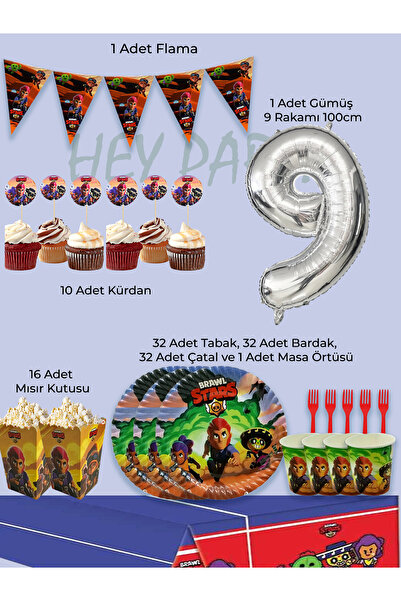 PartyPoo Brawl Stars Temalı 32 Kişilik Doğum Günü Parti Seti | 9 Yaş Doğum Gü...
