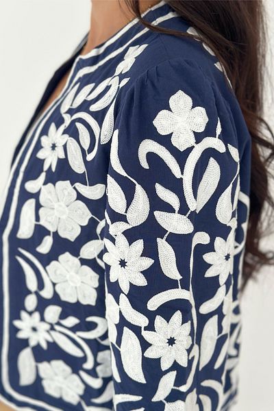 FEMELLE Jachetă elegantă cu mânecă lungă brodata cu model de flori albastru bleumarin pentru femei
