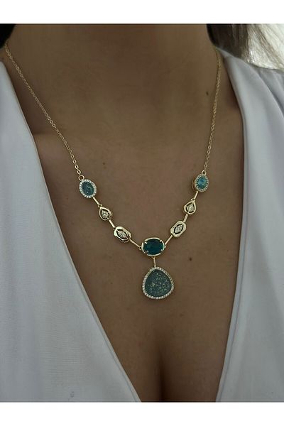 MyladyAccessoriess Blue Stone and Geometric Detail Steel Necklace