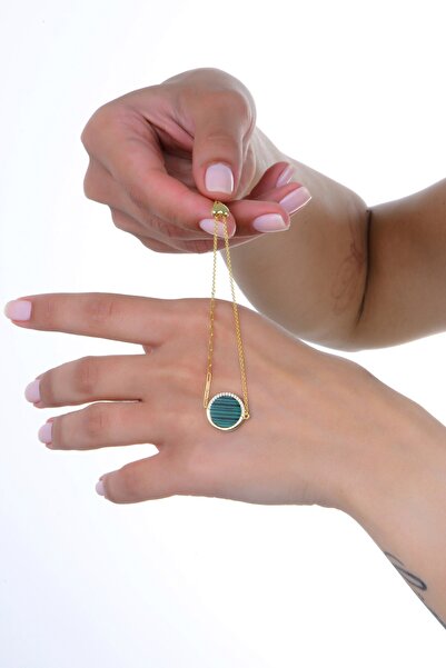 Söğütlü Silver Gümüş altın yaldızlı Malakit (Malahit) taşlı çift taraflı asan...