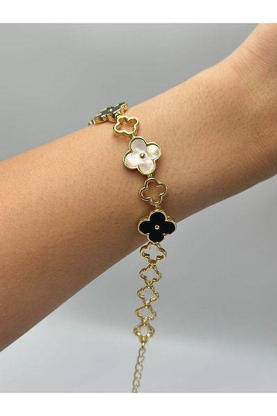 MyladyAccessoriess Black and White Row Clover Detail Steel Bracelet