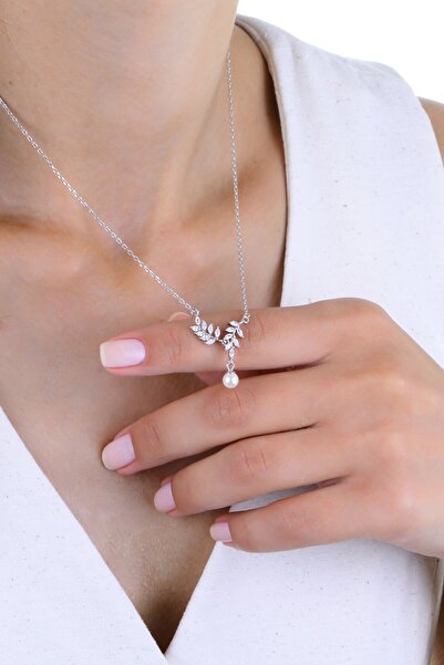 Söğütlü Silver Gümüş rodyumlu zirkon taşlı doğanın dokunuşu incili yaprak kolye SGTL12963RODAJ