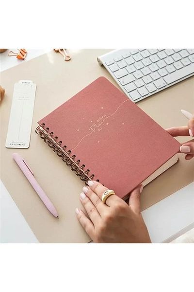 Mu Art Ahşap A5 spiral hard cover linen checkered undated notepad pink