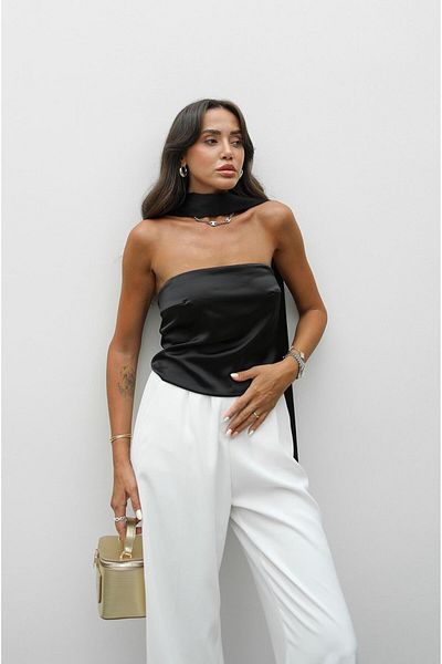 Havoş Black Potamya Shawl Strapless Satin Blouse