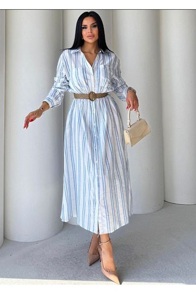 EGZOTİK ASORTİK Linen Dress with Belt and Elastic Waist