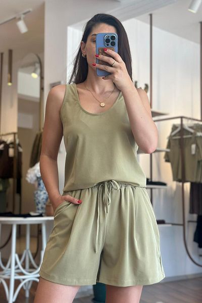 Unique Boutique Oil Green Modal Fabric Blouse Shorts Set