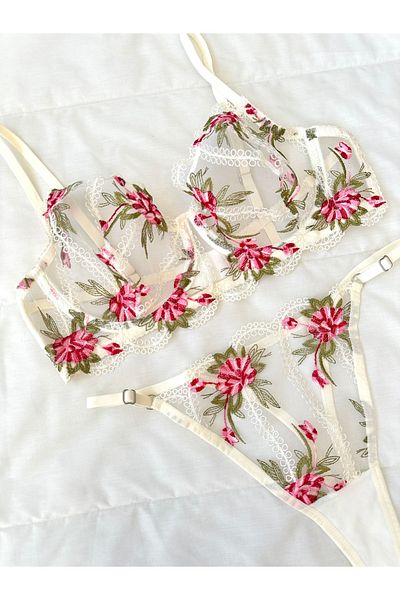 Feruzdesign Plus Size Estelly Ecru Underwire Bra Set