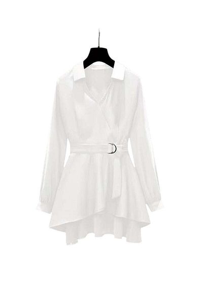 huitich Women's Plus Size Slim Fit Long Sleeve Top with Asymmetrical Hem and Belt White, Size XL