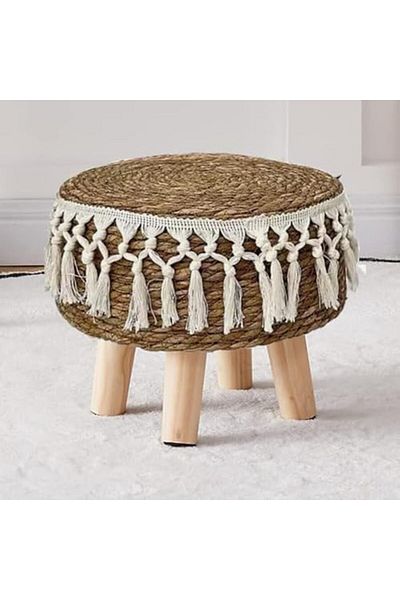genric FFD Natural Seagrass Foot Stool – Handwoven Round Pouf Ottoman with Padded Seat & Wooden Legs,