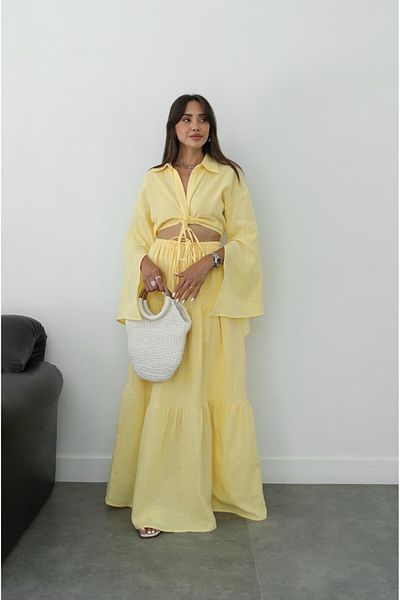 Havoş Yellow Front Knot Detailed Blouse Skirt Set