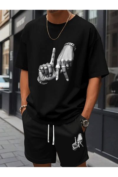LAND MODA New Summer Men Printed 2 Piece Fashion Casual Suit, Round Neck Short Sleeve T-Shirt