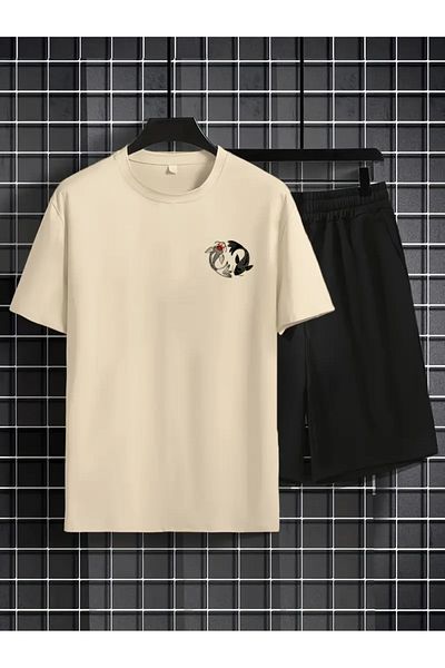 LAND MODA Men's Casual Tai Chi Koi Fish Graphic T-Shirt & Lace-Up Waist Shorts Set - Black and White, Comfortable