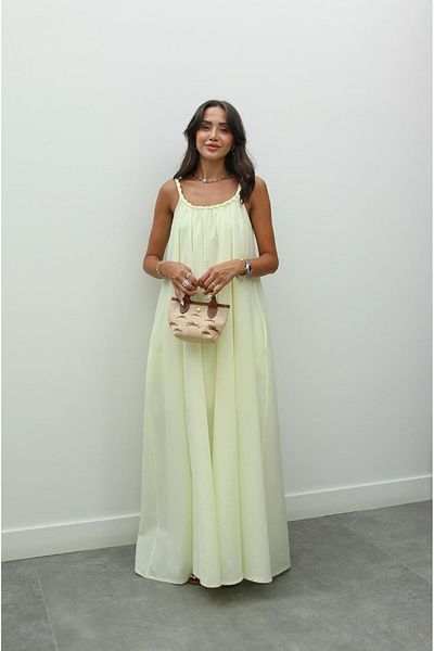 Havoş Yellow Mesh Detailed Lined Voile Dress