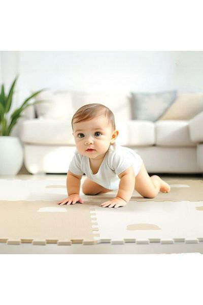 LUDIRO Puzzle Mat, 4 Pieces 60x60 Cm, EVA Foam, Protection, Teddy Bear Design, White Beige