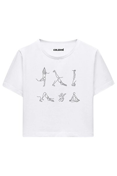 Colermi Minimal Yoga Figures Printed Women's White Crop T-Shirt