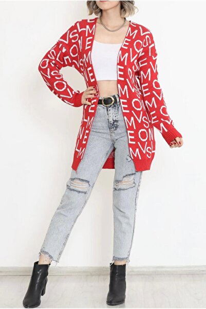 cacobutik kadın harf detaylı yünlü pike hırka kırmızı