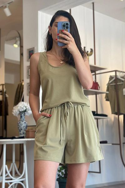 Unique Boutique Oil Green Modal Fabric Blouse Shorts Set