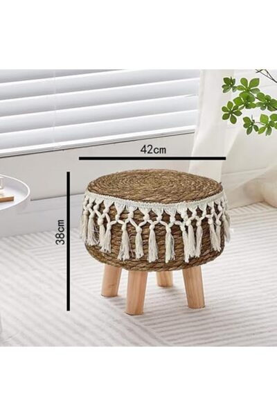 genric FFD Natural Seagrass Foot Stool – Handwoven Round Pouf Ottoman with Padded Seat & Wooden Legs,